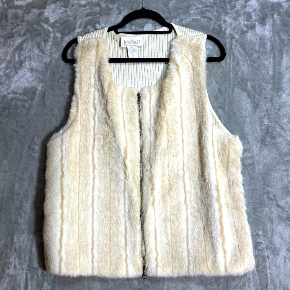Jordan Vintage Faux Fur Ribbed Knit Back Zip Front Vest Cream Tan Womens XL